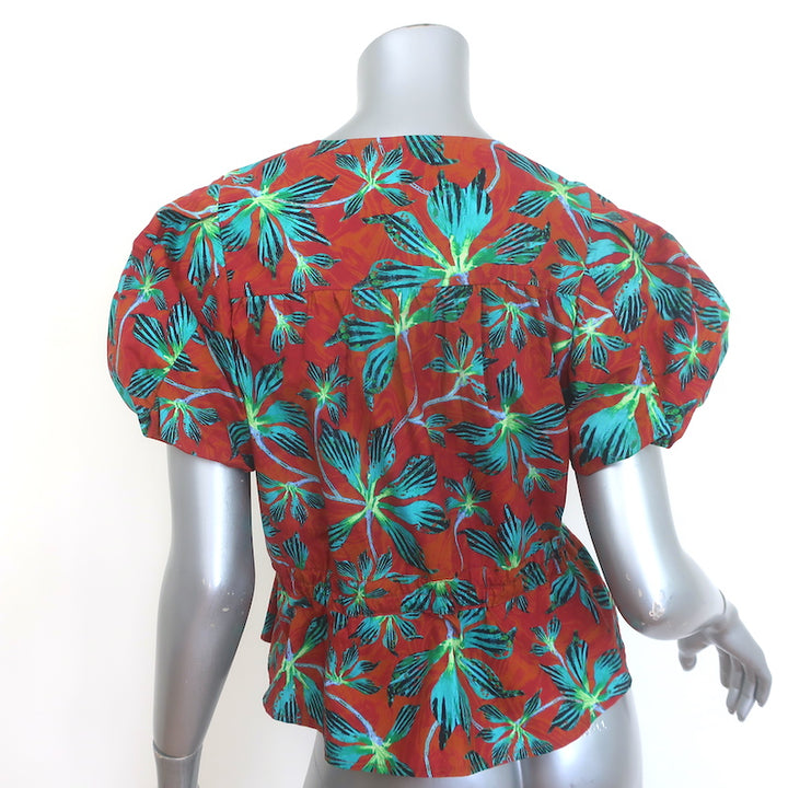 Ulla Johnson Mila puff-sleeve peplum top in rust floral poplin, authentic pre-owned, gently worn, size 2
