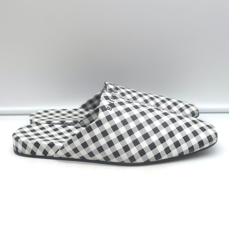 Balenciaga Cosy Gingham Mules Black &amp; White Leather Size 37 Slip-On Flats