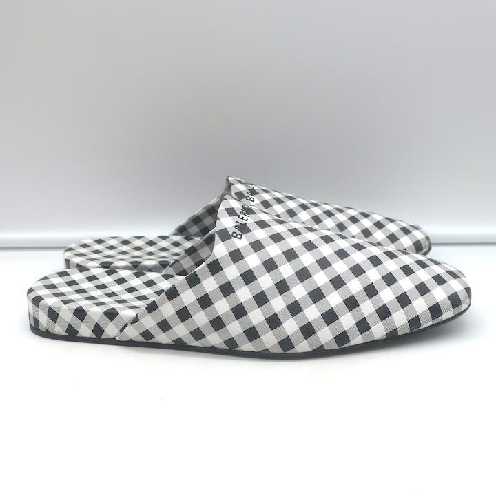 Balenciaga Cosy Gingham Mules Black &amp; White Leather Size 37 Slip-On Flats