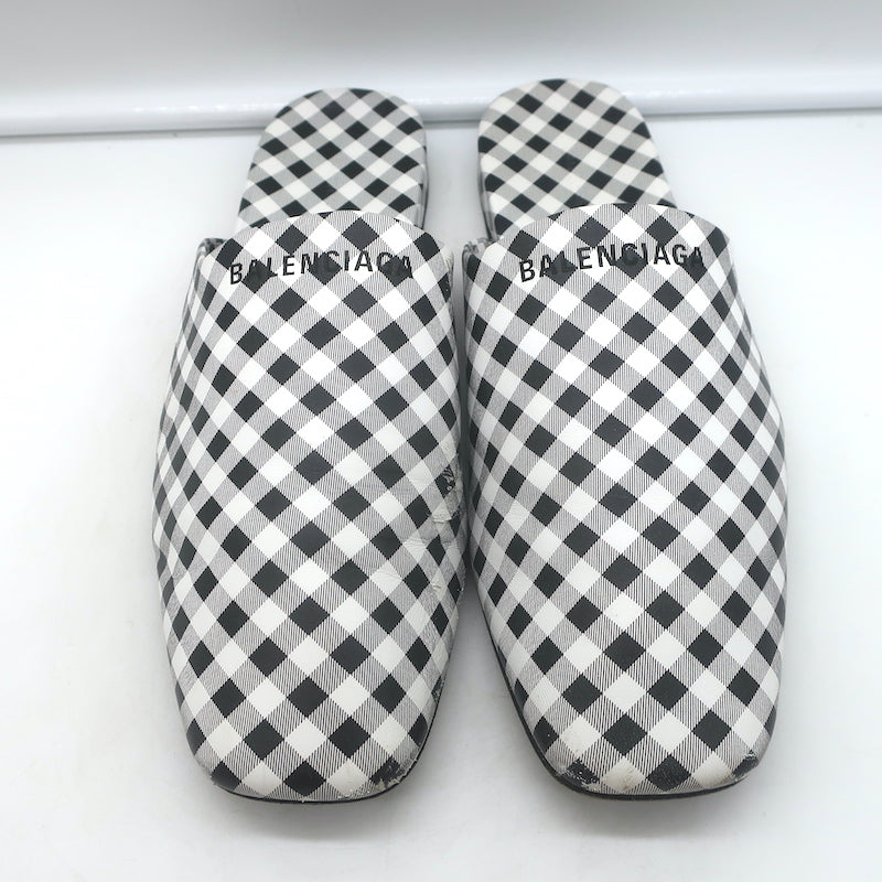 Balenciaga Cosy Gingham Mules Black &amp; White Leather Size 37 Slip-On Flats