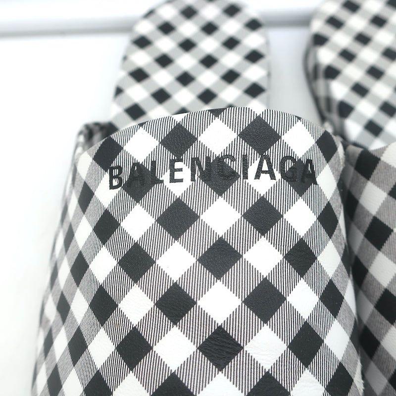 Balenciaga Cosy Gingham Mules Black &amp; White Leather Size 37 Slip-On Flats
