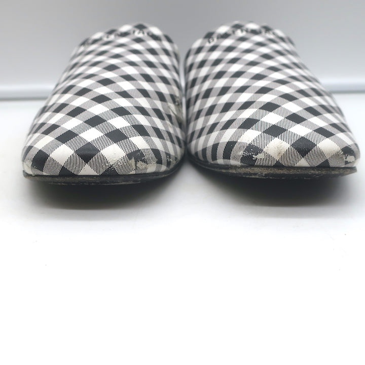 Balenciaga Cosy Gingham Mules Black &amp; White Leather Size 37 Slip-On Flats