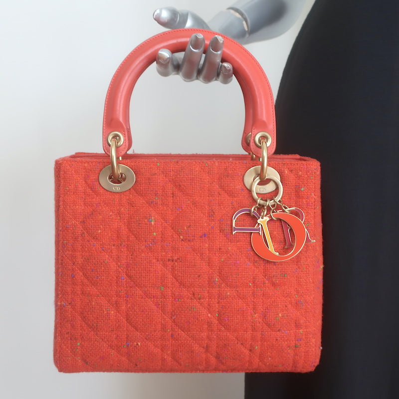 Christian Dior Medium Lady Dior Bag Orange Cannage Tweed