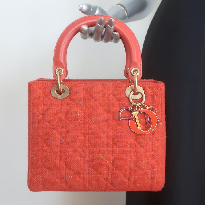 Christian Dior Medium Lady Dior Bag Orange Cannage Tweed
