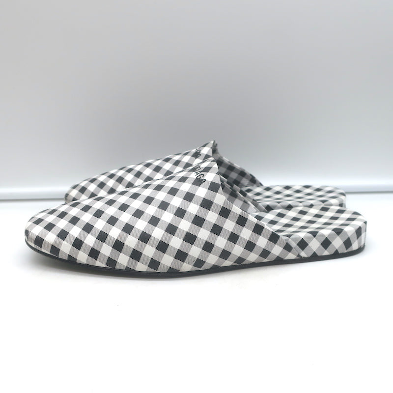 Balenciaga Cosy Gingham Mules Black &amp; White Leather Size 37 Slip-On Flats