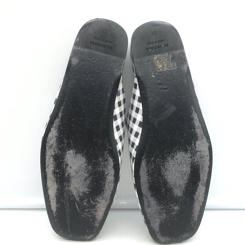 Balenciaga Cosy Gingham Mules Black &amp; White Leather Size 37 Slip-On Flats