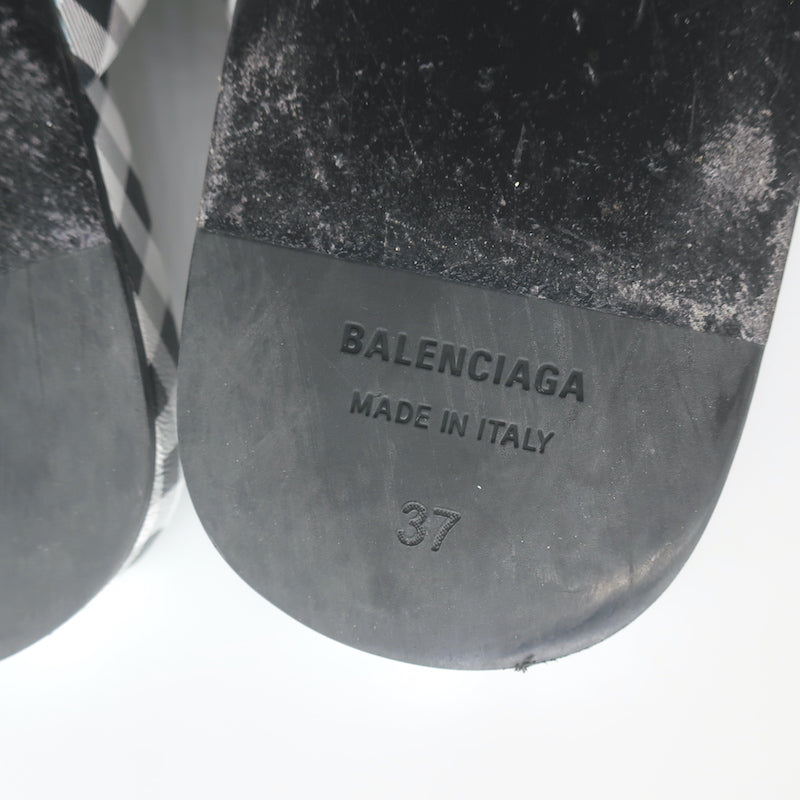 Balenciaga Cosy Gingham Mules Black &amp; White Leather Size 37 Slip-On Flats