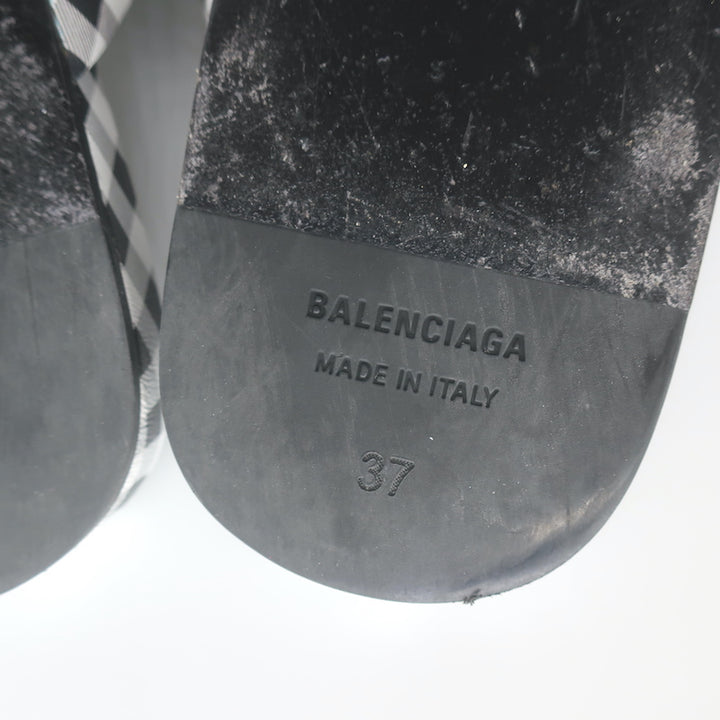 Balenciaga Cosy Gingham Mules Black &amp; White Leather Size 37 Slip-On Flats