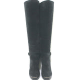 Lanvin knee-high platform harness boots in gray suede, authentic pre-owned luxury with removable harness and subtle wear