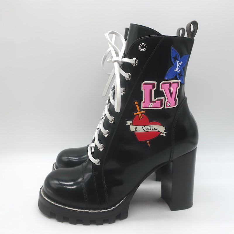 Louis Vuitton Star Trail Patch Combat Boots Black Polished Leather Size 39
