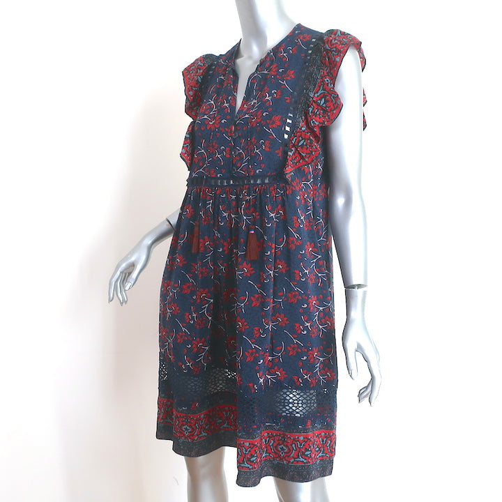 SEA Tassel Tie Mini Dress Navy Crochet-Trim Floral Print Silk Size 6