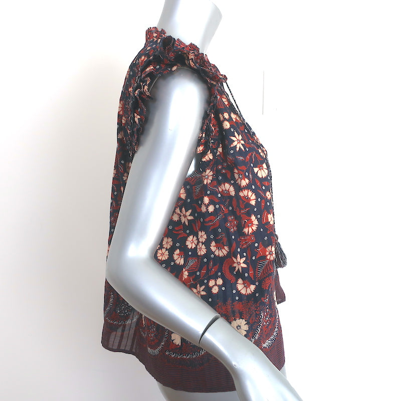 Ulla Johnson Iris Tassel Top Navy Floral Print Cotton Size 6 Sleeveless Blouse