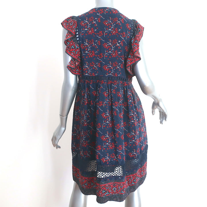 SEA Tassel Tie Mini Dress Navy Crochet-Trim Floral Print Silk Size 6
