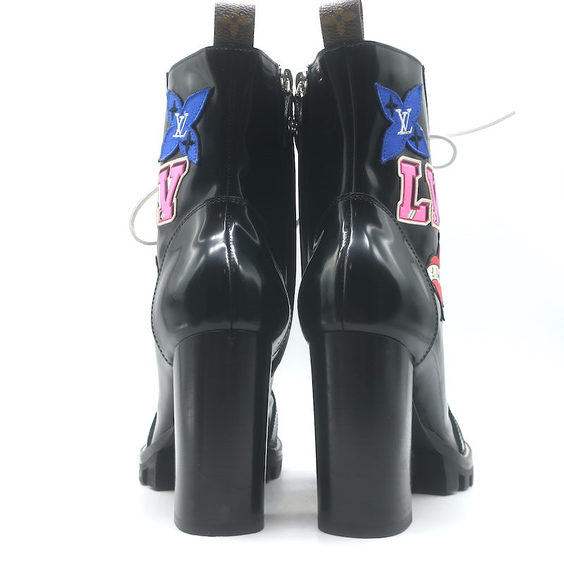 Louis Vuitton Star Trail Patch Combat Boots Black Polished Leather Size 39