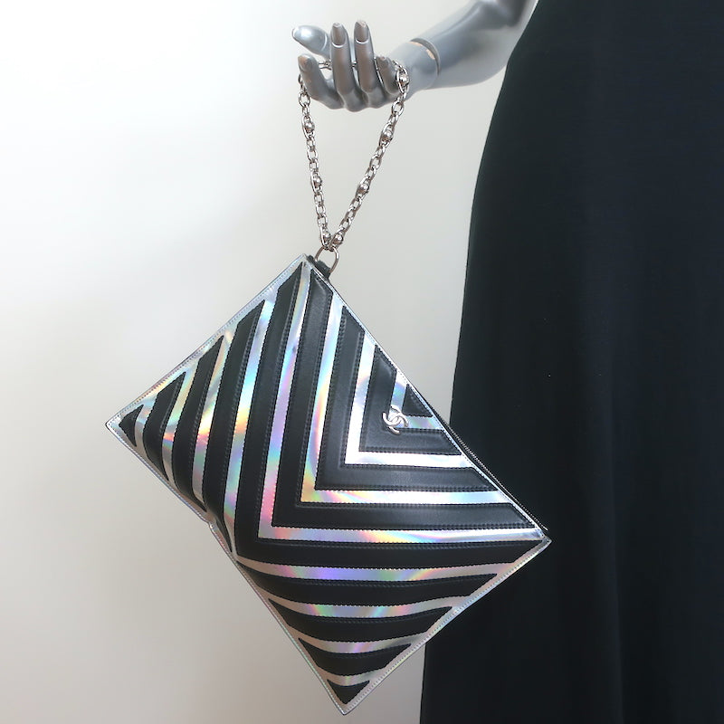 Chanel Holographic Chevron Zip Pouch Black &amp; Silver Medium Wristlet Clutch Bag