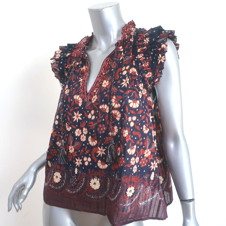 Ulla Johnson Iris Tassel Top Navy Floral Print Cotton Size 6 Sleeveless Blouse