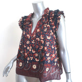 Ulla Johnson Iris Tassel Top Navy Floral Print Cotton Size 6 Sleeveless Blouse