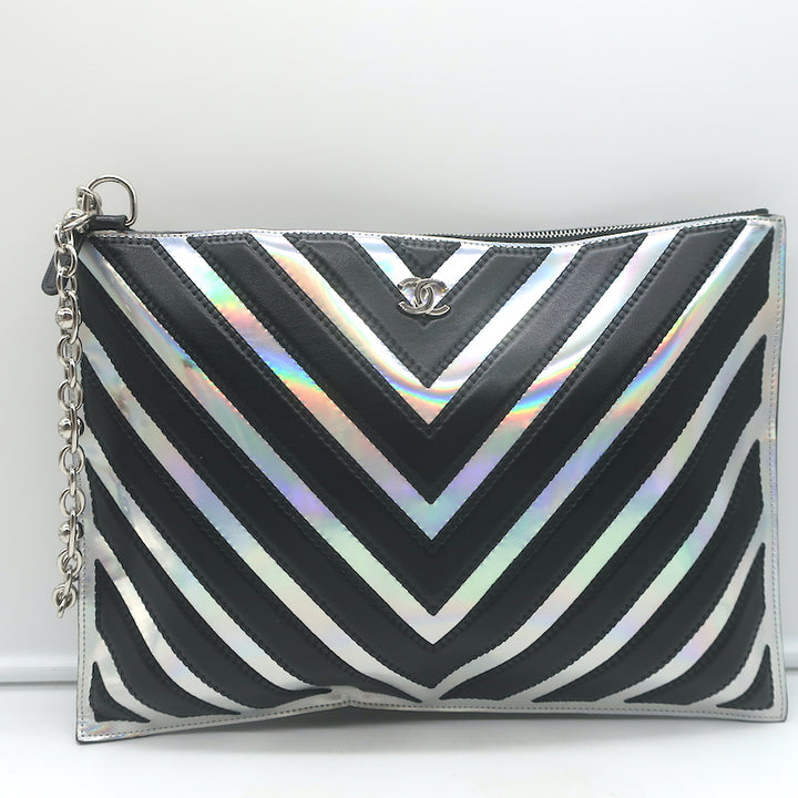 Chanel Holographic Chevron Zip Pouch Black &amp; Silver Medium Wristlet Clutch Bag