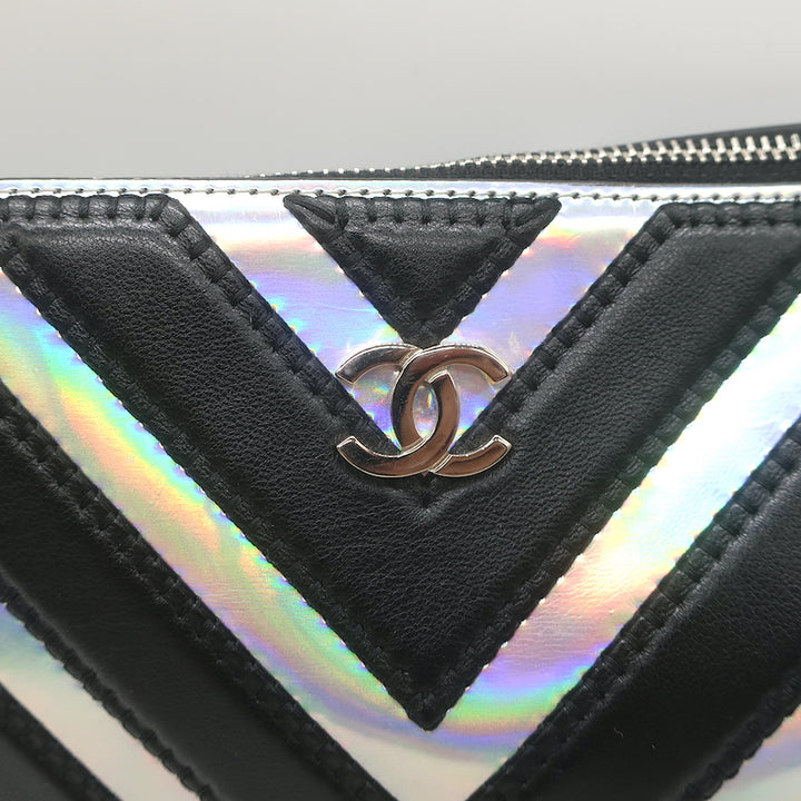 Chanel Holographic Chevron Zip Pouch Black &amp; Silver Medium Wristlet Clutch Bag