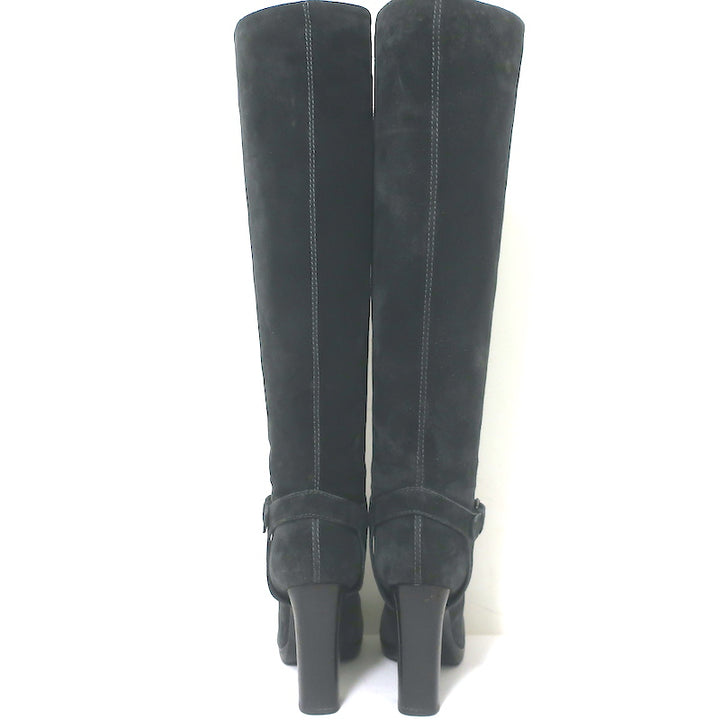 Authentic Lanvin knee-high platform harness boots in gray suede, pre-owned with minor suede scuffs, size 40.5