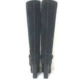 Authentic Lanvin knee-high platform harness boots in gray suede, pre-owned with minor suede scuffs, size 40.5