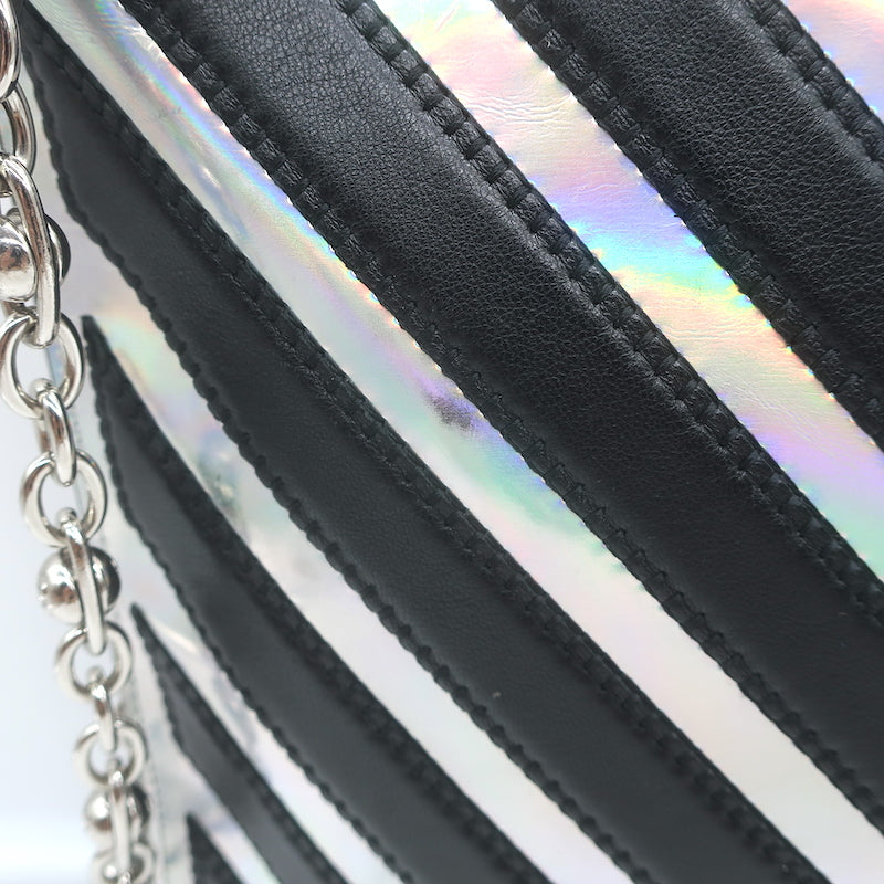 Chanel Holographic Chevron Zip Pouch Black &amp; Silver Medium Wristlet Clutch Bag