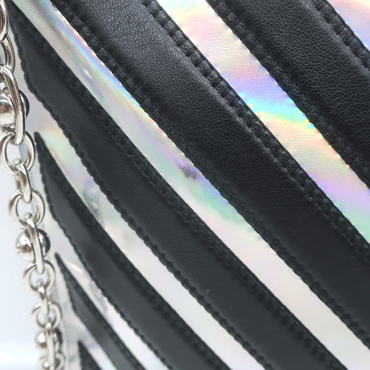 Chanel Holographic Chevron Zip Pouch Black &amp; Silver Medium Wristlet Clutch Bag