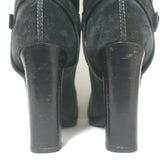 Authentic Lanvin knee-high platform harness boots in gray suede, pre-owned.