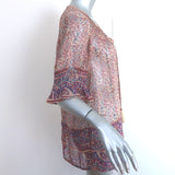 SEA Tassel Top Purple Printed Chiffon Size 8 Short Sleeve Blouse