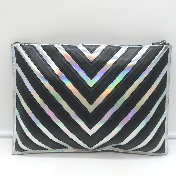 Chanel Holographic Chevron Zip Pouch Black &amp; Silver Medium Wristlet Clutch Bag