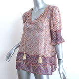 SEA Tassel Top Purple Printed Chiffon Size 8 Short Sleeve Blouse