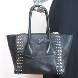 Prada Crystal-Studded Twin Pocket Tote Black Leather Medium Crossbody Bag