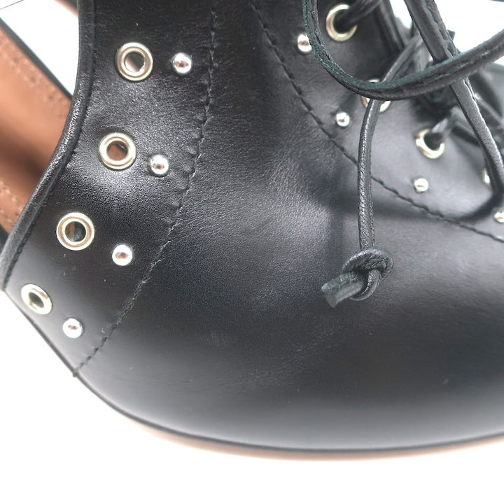 Alaia Grommet-Embellished Lace-Up Slingback Pumps Black Leather Size 39