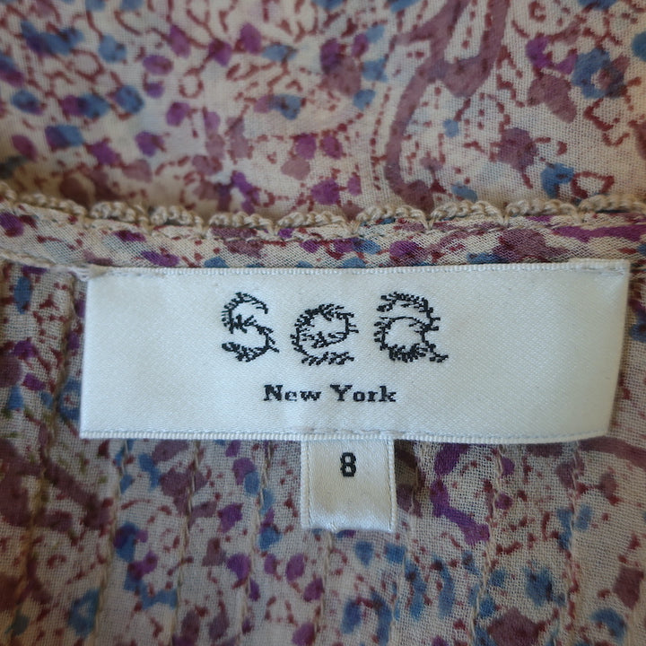 SEA Tassel Top Purple Printed Chiffon Size 8 Short Sleeve Blouse
