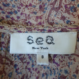 SEA Tassel Top Purple Printed Chiffon Size 8 Short Sleeve Blouse