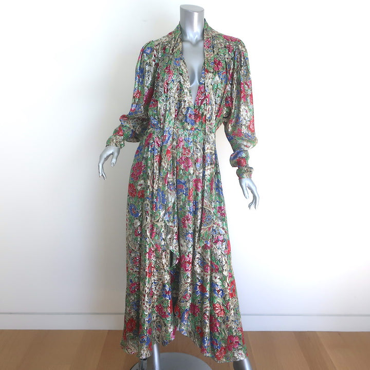 Isabel Marant Nalisma Metallic Floral Fil Coupe Tie-Neck Maxi Dress Size 36