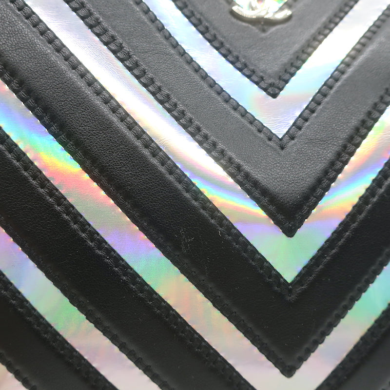 Chanel Holographic Chevron Zip Pouch Black &amp; Silver Medium Wristlet Clutch Bag
