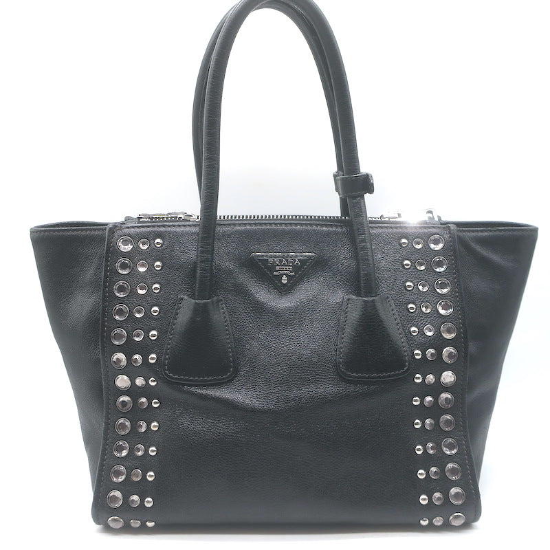 Prada Crystal-Studded Twin Pocket Tote Black Leather Medium Crossbody Bag