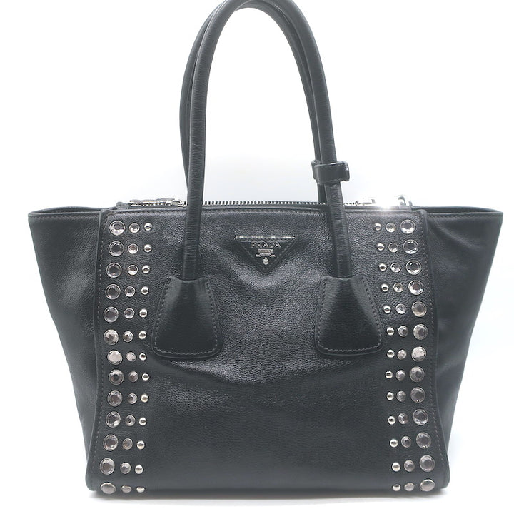 Prada Crystal-Studded Twin Pocket Tote Black Leather Medium Crossbody Bag