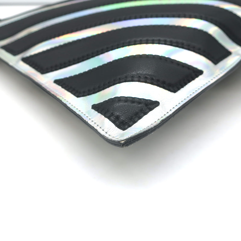 Chanel Holographic Chevron Zip Pouch Black &amp; Silver Medium Wristlet Clutch Bag