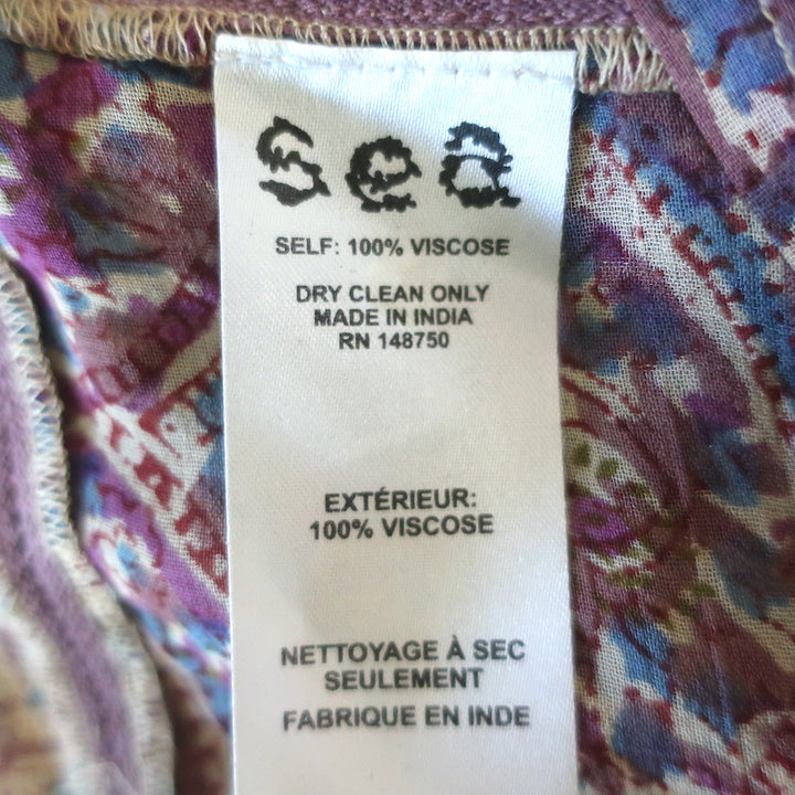 SEA Tassel Top Purple Printed Chiffon Size 8 Short Sleeve Blouse