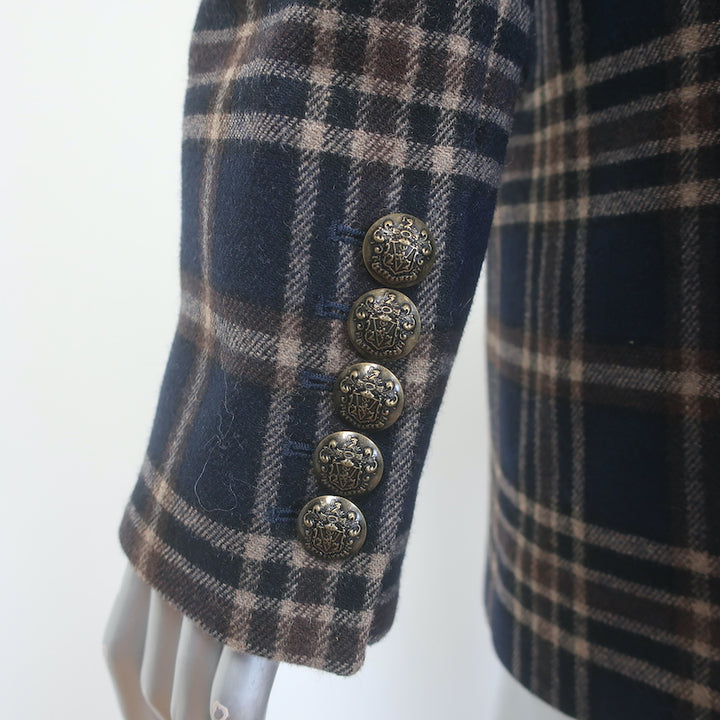 Veronica Beard Oria plaid dickey blazer, navy and tan wool-blend double-breasted jacket, pre-owned gently worn