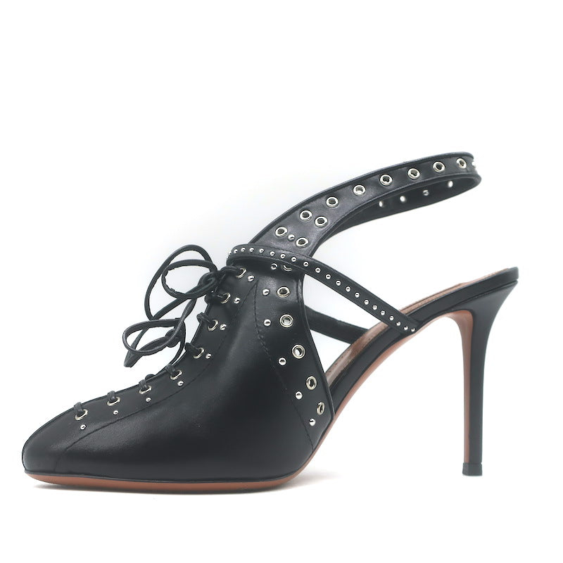 Alaia Grommet-Embellished Lace-Up Slingback Pumps Black Leather Size 39
