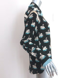 Stella McCartney Swan Print Fringe Shirt Black Silk Size 38 Long Sleeve Blouse