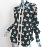 Stella McCartney Swan Print Fringe Shirt Black Silk Size 38 Long Sleeve Blouse