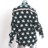 Stella McCartney Swan Print Fringe Shirt Black Silk Size 38 Long Sleeve Blouse