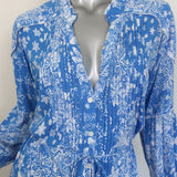 Poupette St Barth Ilona maxi dress in blue butterfly batik, pre-owned and gently worn, luxury resort-ready silhouette