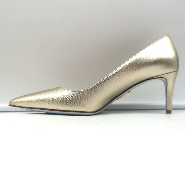 Prada Pumps Gold Metallic Saffiano Leather Size 41 Pointed Toe Heels NEW