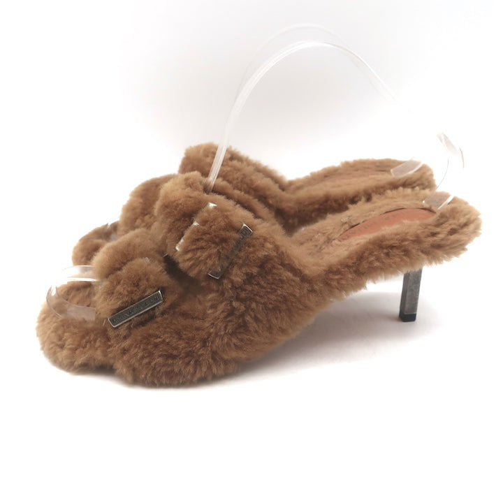 Amina Muaddi Millie Shearling Slide Sandals Brown Size 38.5