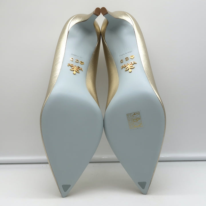 Prada Pumps Gold Metallic Saffiano Leather Size 41 Pointed Toe Heels NEW